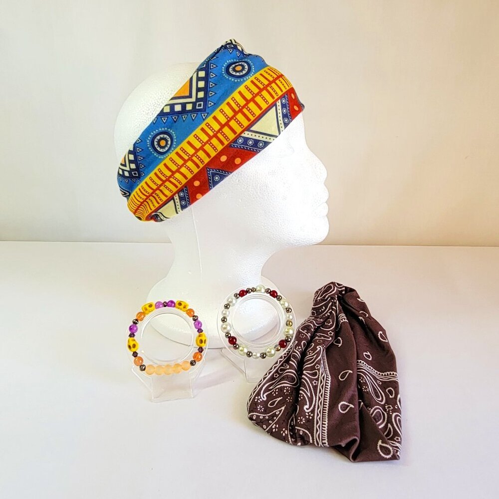 Multicolor And Brown Bandana Boho Headbands With Matching Bracelet Sets, Womens